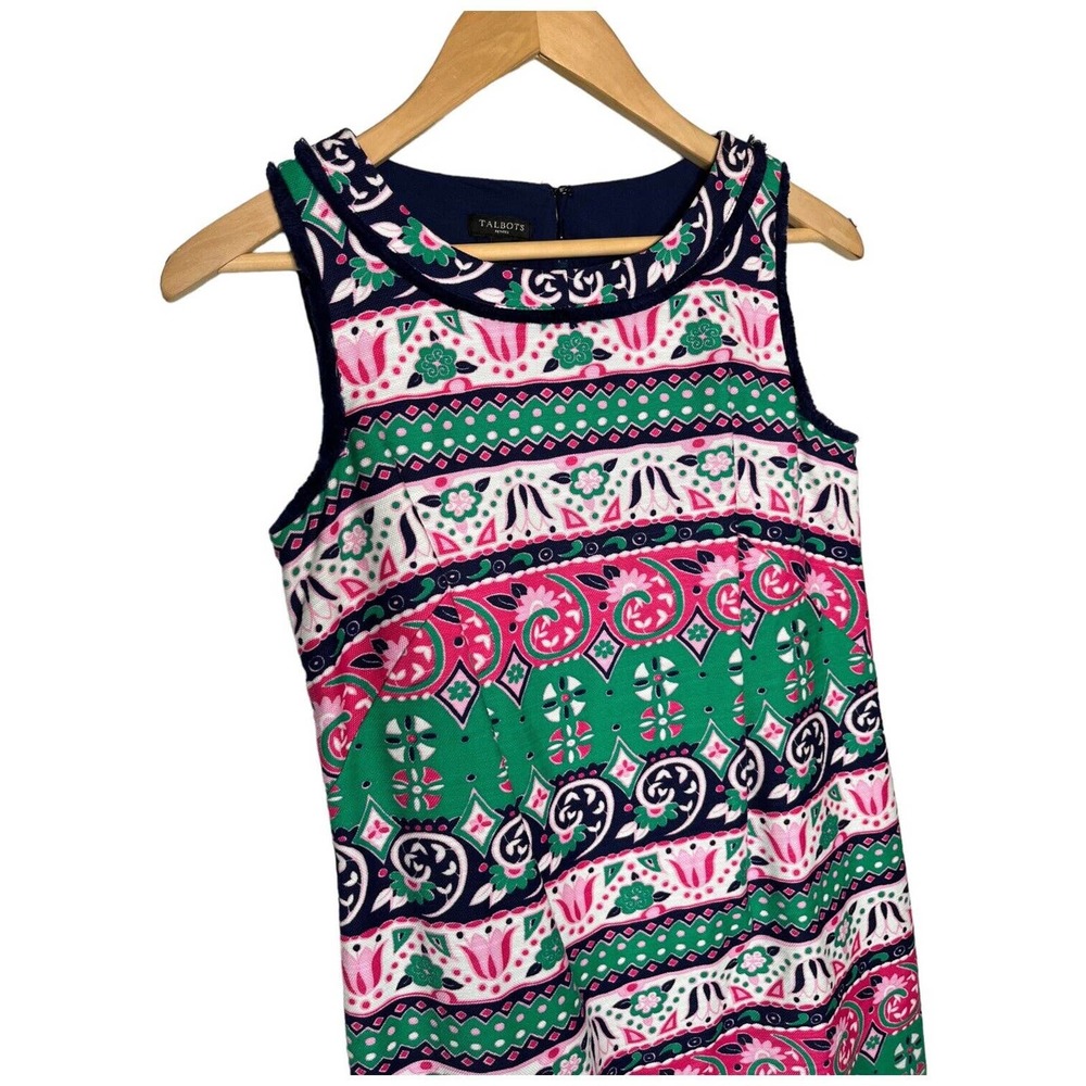 Talbots Womens Shift Dress Size 2P Sleeveless Multicolor Geometric Fringe Knee - Picture 2 of 12